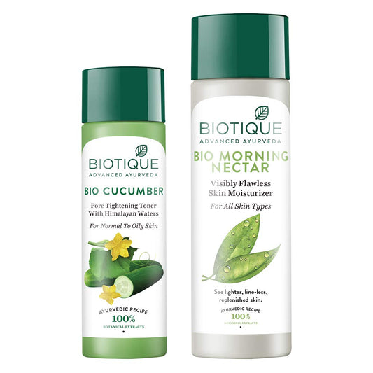 Biotique Bio Cucumber Pore Tightening Toner, 120ml and Biotique Morning Nectar Flawless Skin Lotion for All Skin Types, 190ml (Pack of 2)