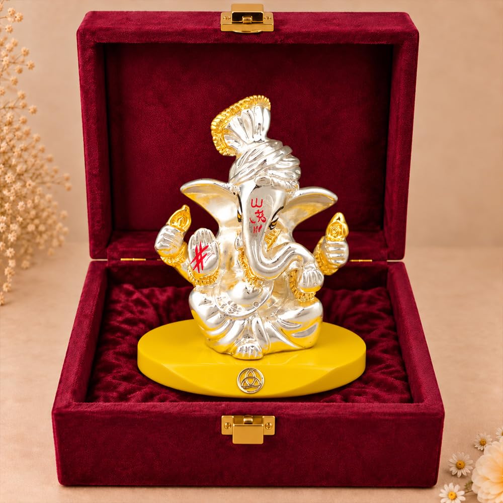 DIVINITI Pagdi Ganesha Idol with Silver-Tone Finish & Gold Accents | Lord Ganesh Showpiece with Yellow Display Base & Premium Gift Box | Home, Office, Car Dashboard & Gifting | 7 x 7 cm