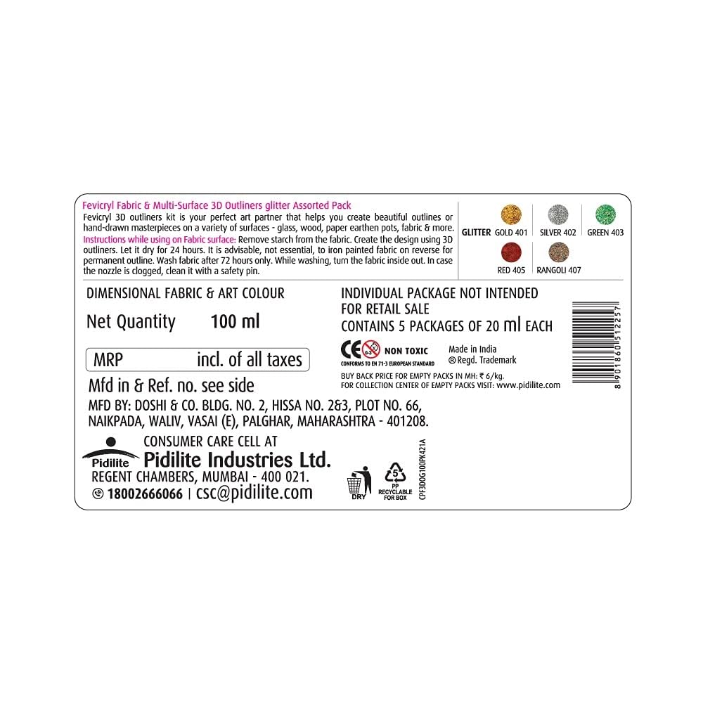 Fevicryl 3D Outliners Glitter Kit 20ml x 5 | Fabric and Multi-Surface 3D Outliners Assorted Pack, Multi Colour | DIY Art & Craft | Ideal for Artists, Gifting