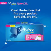 Stayfree Secure Xpert XL Sanitary Pads for Women | 290 mm | 18 Pads | Longer & Wider Pads for Heavy Flow | Air Soft Cover | Helps Prevent Skin Irritation | Fits in Pocket | Gel Lock Pockets for Instant & Deep Absorption | Dermatologically Tested