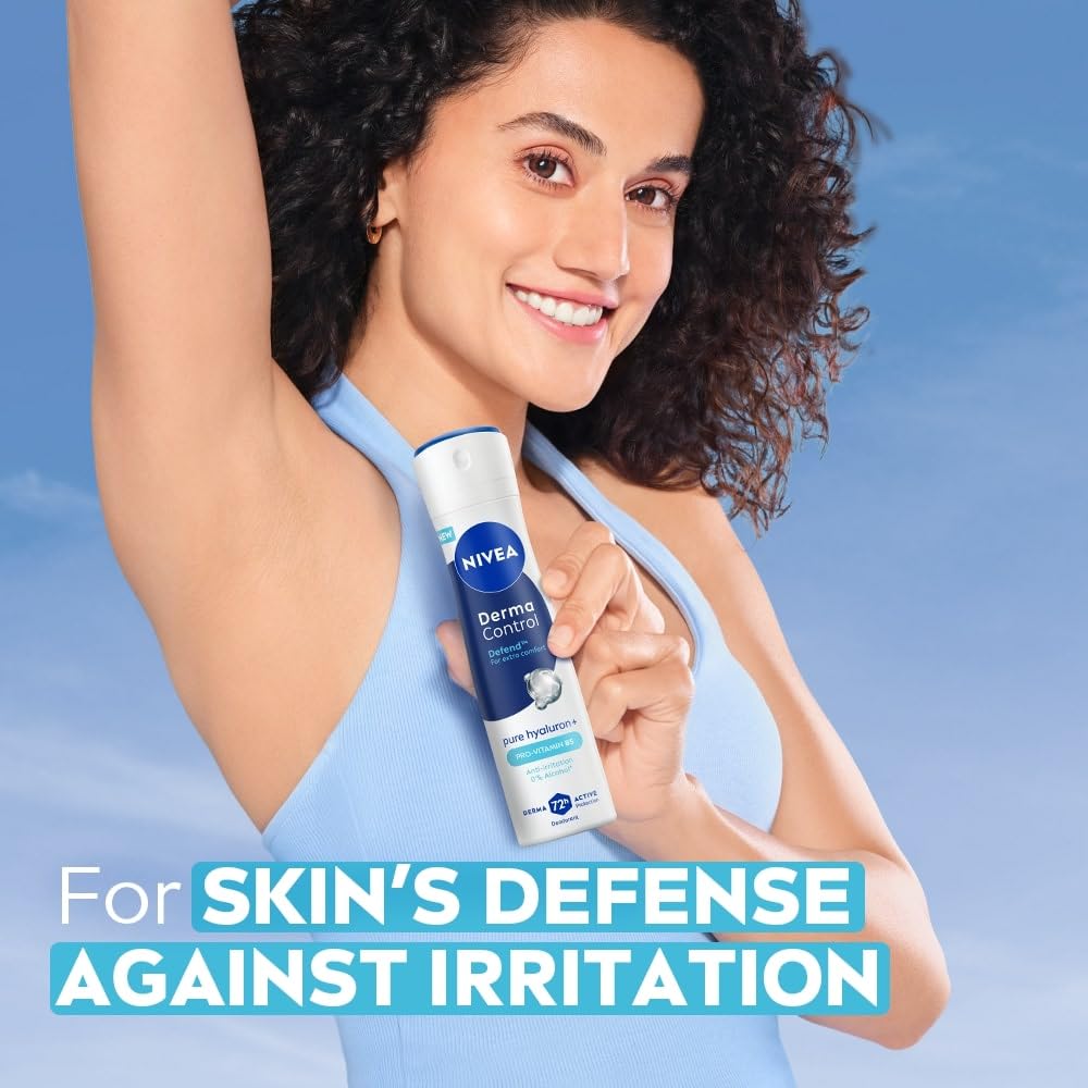 NIVEA Derma Control Defend Deodorant Spray | 0% Alcohol Deodorant | With Pure Hyaluron & Pro Vitamin B5 | Long Lasting with 72h Active Protection | For Underarm Care| Deodorant Spray for Women 150 ml