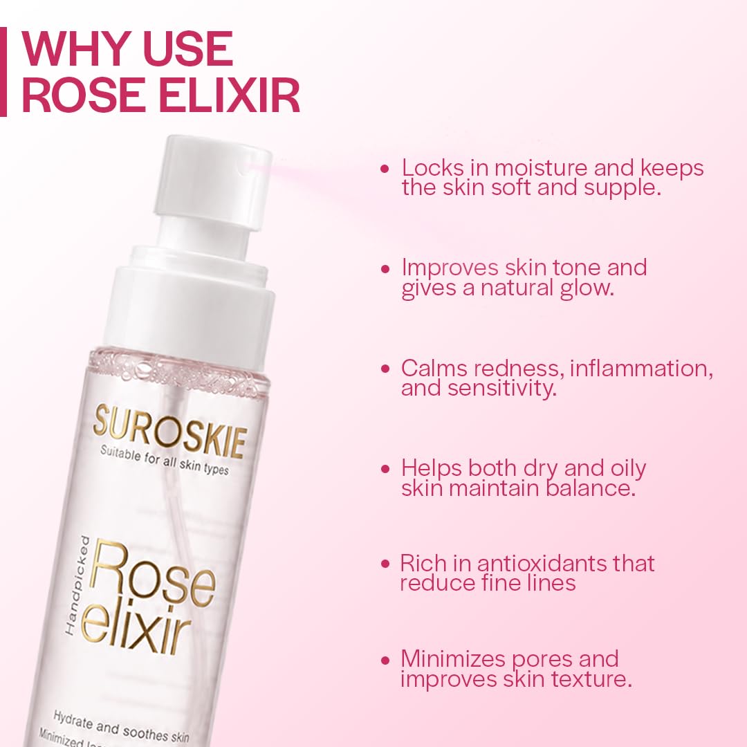 Suroskie Rose Water Elixir Face Mist 100Ml | Pure Rose Water | Face Toner For Glowing, Refresh & Hydrating Skin | Minimize Large & Open Pores | Balance Ph Of Skin | Gulab Jal For Women & Men