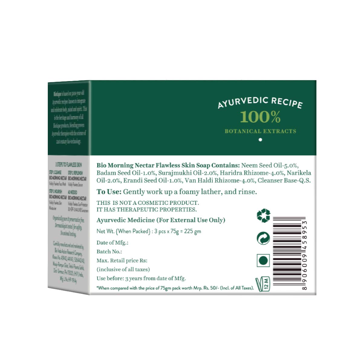Biotique Bio Morning Nectar Visibly Flawless Cream Bathing Bar, Pack of 3, 225 g (3 x 75 g)