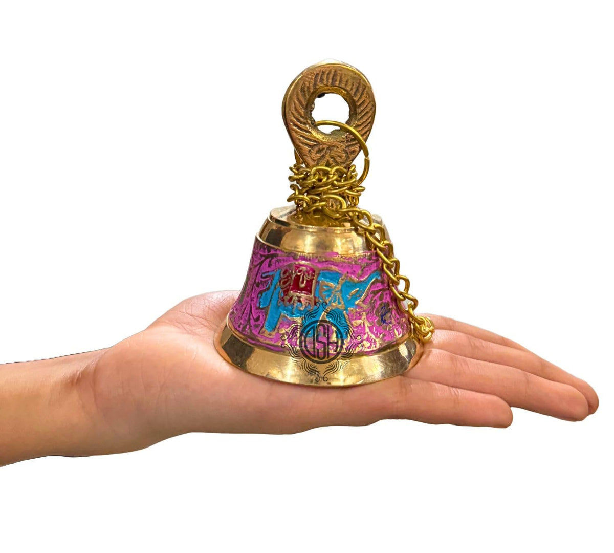 DSH Handcrafted Brass Temple Hanging Bell with Chain Home Mandir Decoration Ghanti for Pooja with Deep Sound (Pink, H-4 Inch)