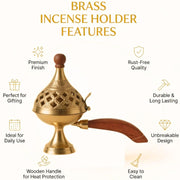 DSH Brass Loban Burner Home Purifying Dhoop Dani Bakhoor Holder Table Incense Burner with Wooden Handle for Home Decoration
