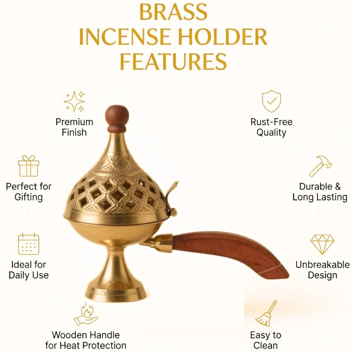 DSH Brass Loban Burner Home Purifying Dhoop Dani Bakhoor Holder Table Incense Burner with Wooden Handle for Home Decoration