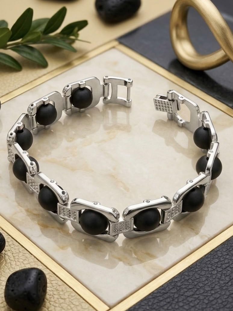 RUDRADIVINE Premium Silver Plated Karungali Wood Bracelet | Black Ebony Bead Elegant Bracelet