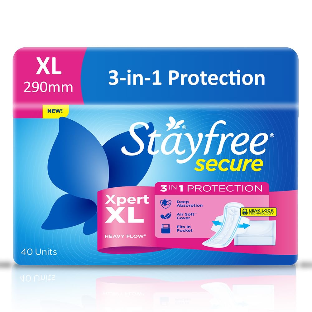 Stayfree Secure Xpert XL Sanitary Pads for Women | 290 mm | 40 Pads | Longer & Wider Pads for Heavy Flow | Air Soft Cover | Helps Prevent Skin Irritation | Fits in Pocket | Gel Lock Pockets for Instant & Deep Absorption | Dermatologically Tested