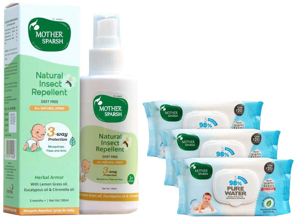 Mother Sparsh 98% Water Based Baby Wipes I Plant made Wet Wipes I 80 Pcs wipes with lid, Pack of 3 & Mother Sparsh Natural Insect Repellent Spray For Babies- 100ml