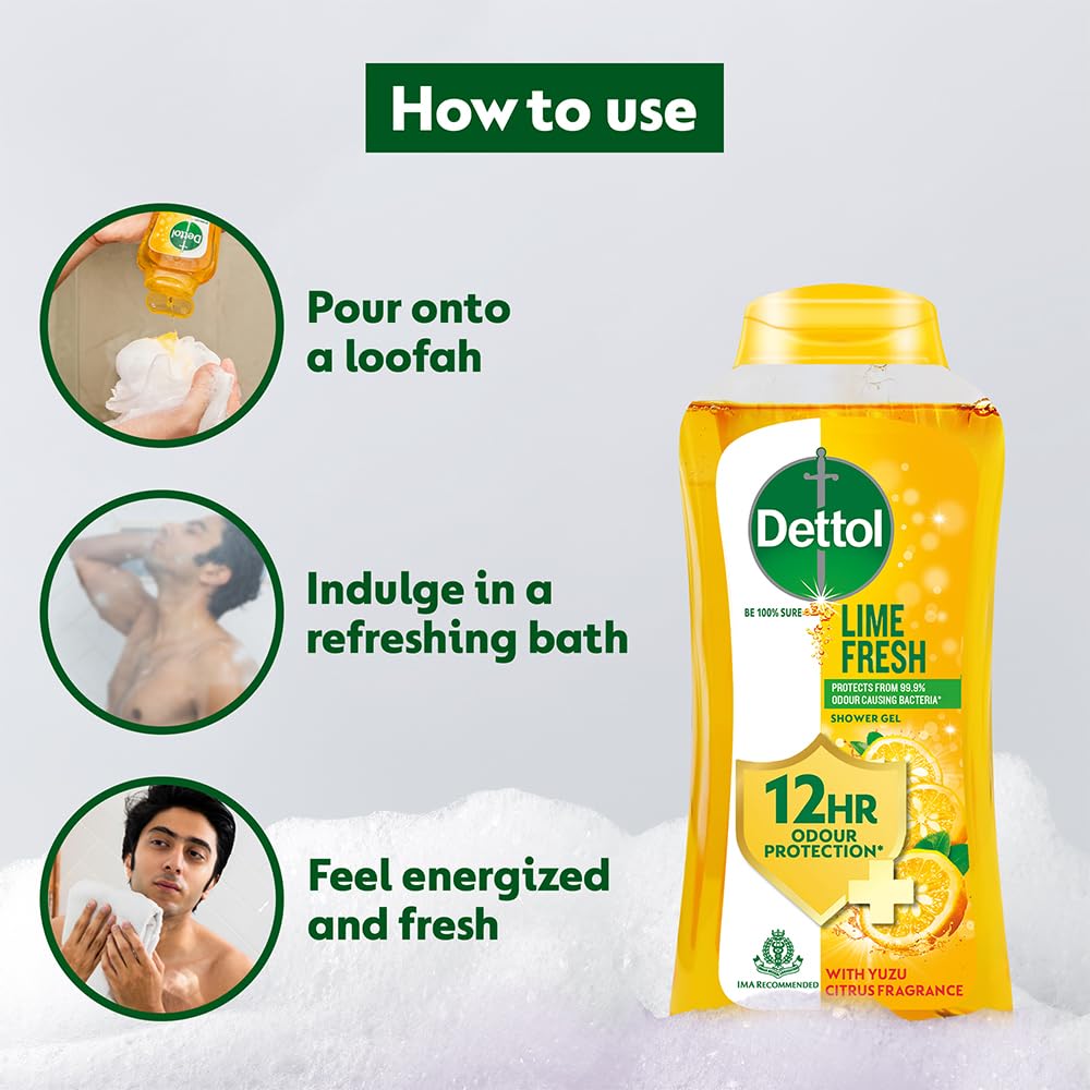 Dettol Lime Fresh Body Wash and Shower Gel for Women and Men, 250ml (Pack of 2) | Soap-Free Bodywash | 12hr Odour Protection