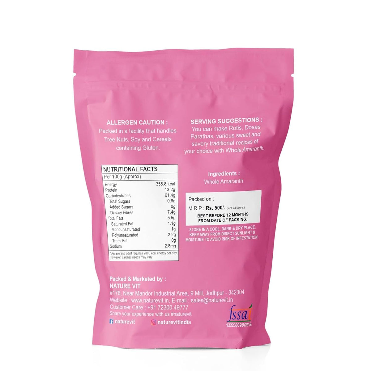 NatureVit Whole Amaranth, 1 kg | Rajgira for Fasting | Rajgira Seeds | Gluten Free Atta | High in Fibre and Protein