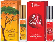 Parag Fragrances Sandalwood & Ruh Gulab Luxury Perfume Combo (8ml x 2pc) Long Last, Imported, Pocket & Purse Friendly, Reusable Perfume Spray For Men & Women