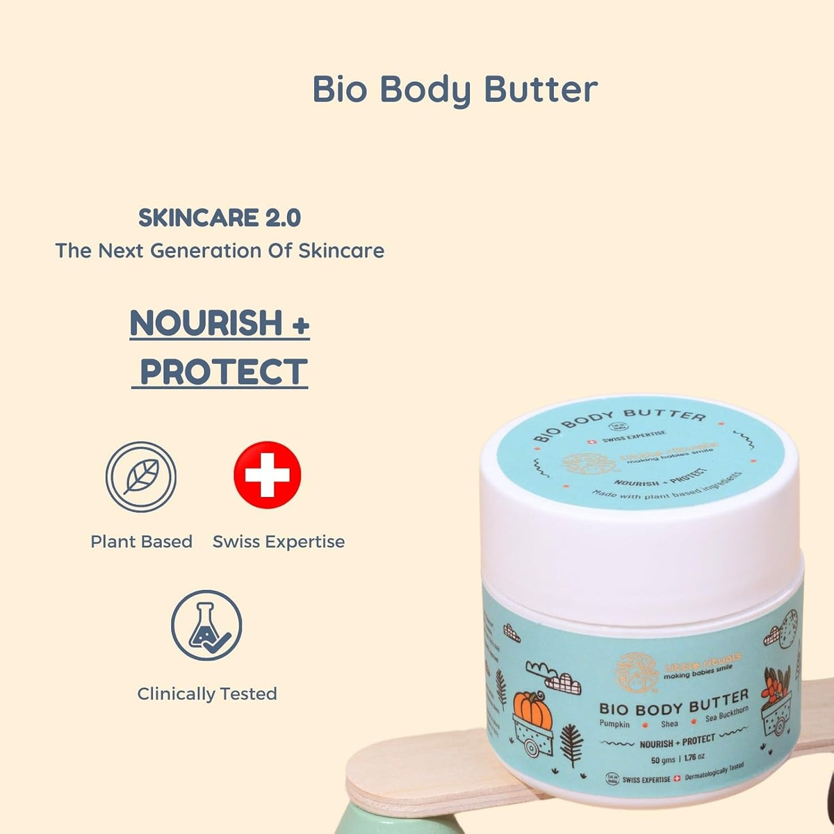 Little Rituals Baby BIO BODY BUTTER - NOURISH+ PROTECT Formulated with best plant botanical -PUMPKIN & SHEA BUTTER, SEABUCKTHORN OIL. Natural, Organic, Dermat tested, SWISS Technology (50 gm)