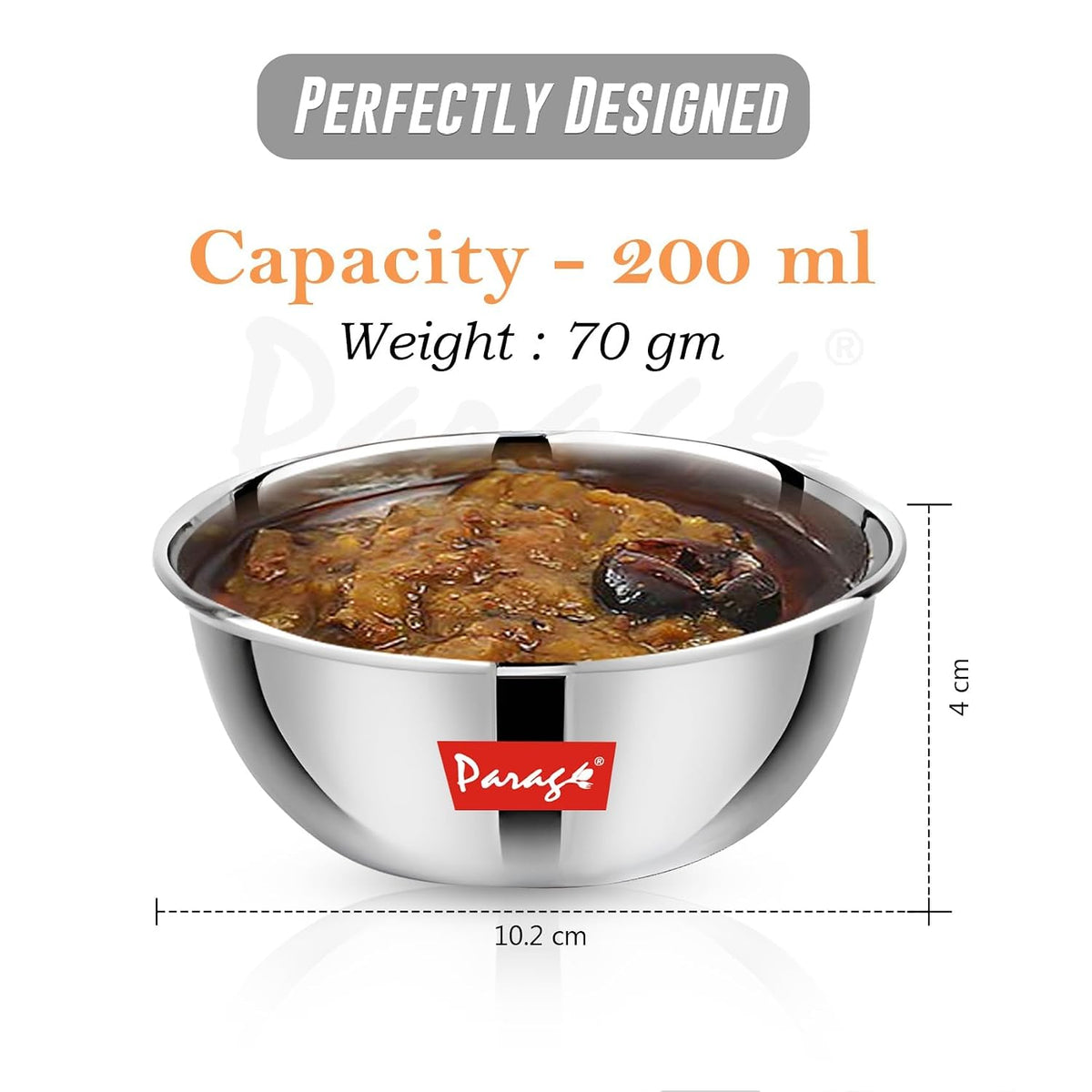 Parage 6 Pieces Stainless Steel Big Size Bowl/Wati/Katori Heavy Gauge with Mirror Finish, 10.2 cm Dia, Set of 6, 220 ml Each, Silver
