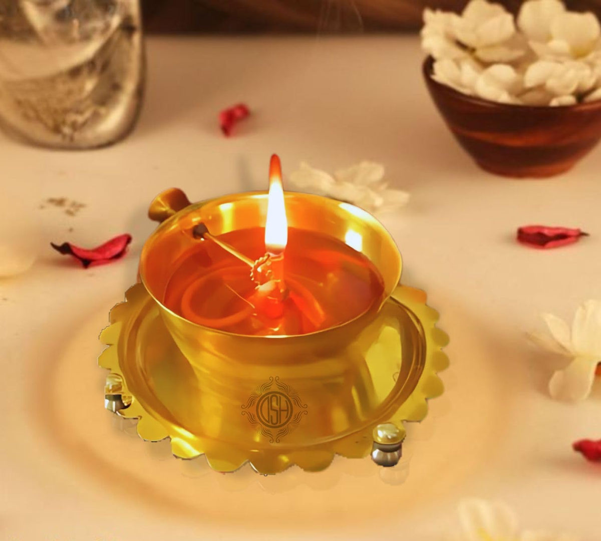 DSH Brass Akhand Diya for Puja Decorative Brass & Glass Oil Lamp Lantern Diya with Glass Cover for Prayers Home Decor and Diwali Festive Gifts. (Large)