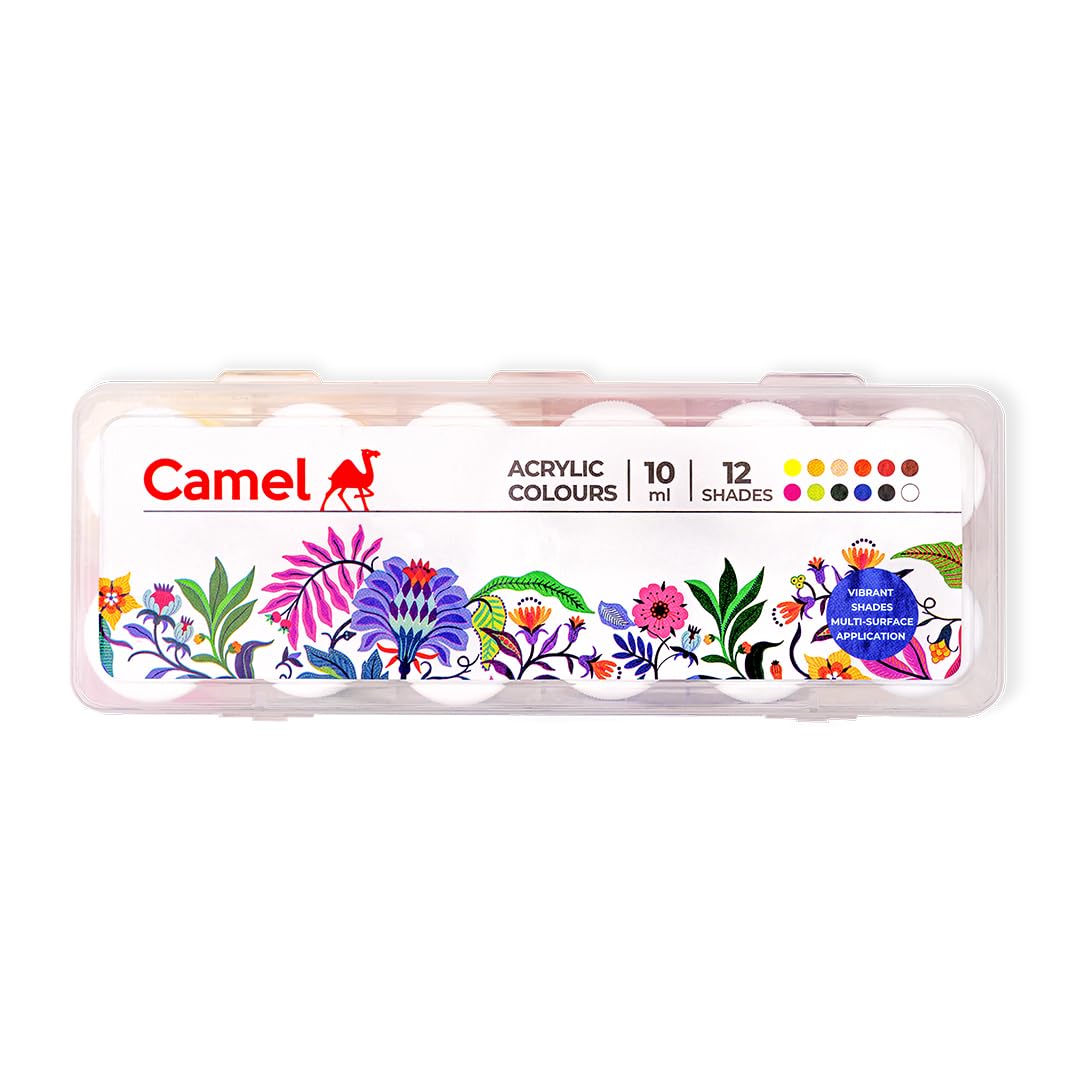 Camel Acrylic Ultra Colour – 12 Rich Shades (10ml each) | Multi-Surface DIY Paints | Vibrant & Permanent Colors | Suitable on Canvas, Wood, Fabric, Paper and Ceramics