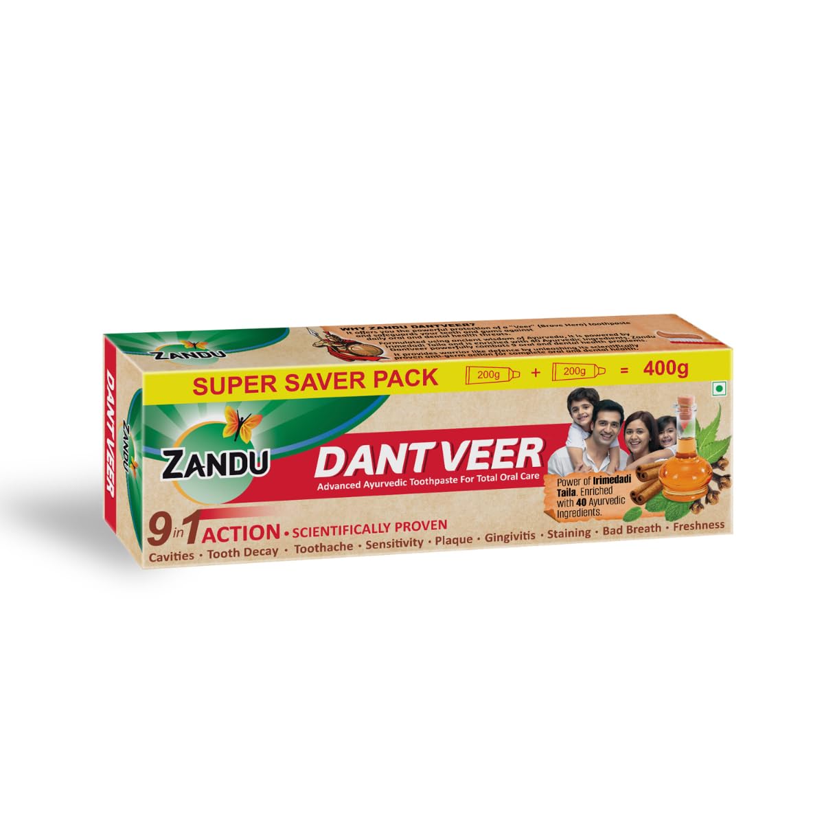 Zandu Dantveer, 400g, India’s 1st Ayurvedic toothpaste with Irimedadi oil | Scientifically proven formula |Fights 9 dental problems