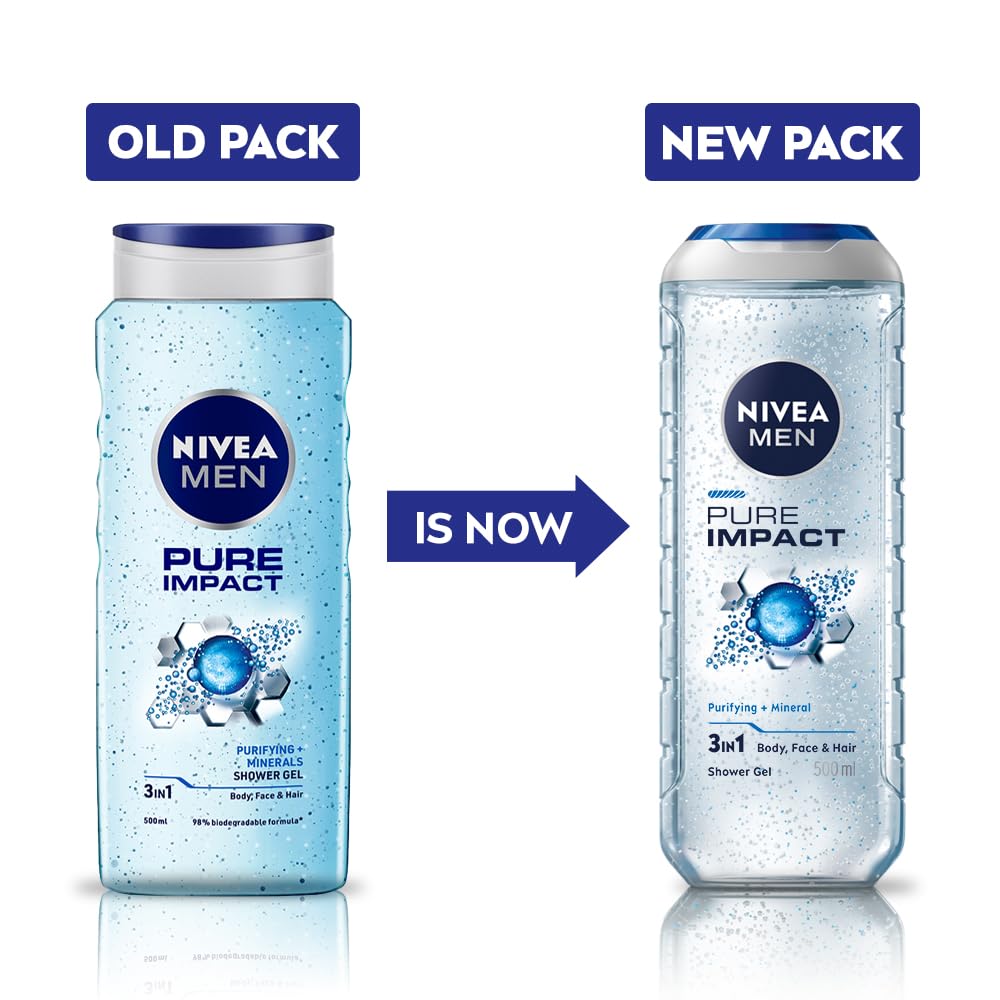NIVEA MEN Pure Impact 500ml Body Wash| Shower Gel for Face, Body & Hair| Purifying Micro Particles for Extra Fine Scrub & Instant Summer Freshness|Clean, Healthy & Moisturized Skin