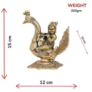KridayKraft Lord Krishna Sitting on Peacock Metal Statue Krishna Idol Playing Flute Decorative Showpiece - 15 cm (Aluminium, Gold)