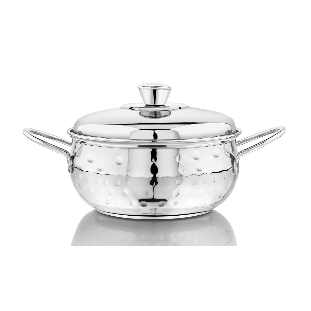 Vinod Stainless Steel Milano Hammered Serving Casserole with Steel Lid & Side Handle 1630 ml, 18 cm