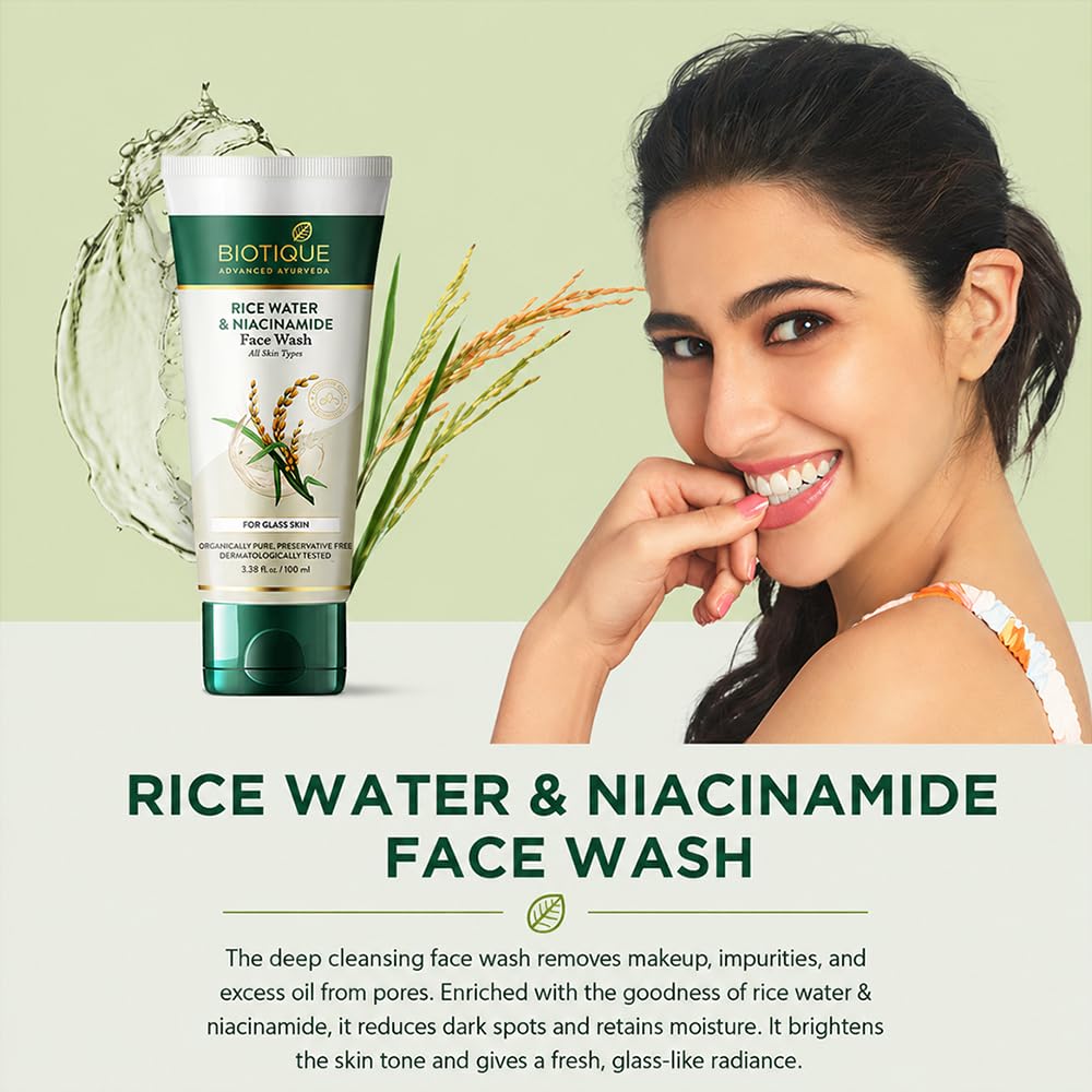 Biotique Rice Water & Niacinamide Gel Face Wash Removes Excess Oils & Reduce Blemishes of the Skin | Glass Skin | For Men & Women - 100ml