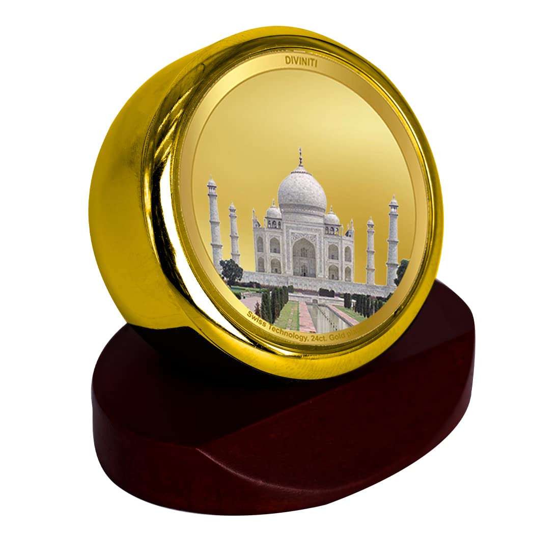 DIVINITI 24K Gold Plated Taj Mahal Metallic Idol for Home Decor, Pooja Room, Office Desk & Car Dashboard | Premium Religious Gift with Wooden Stand for Blessings & Positivity|5.5 x 5.0 CM