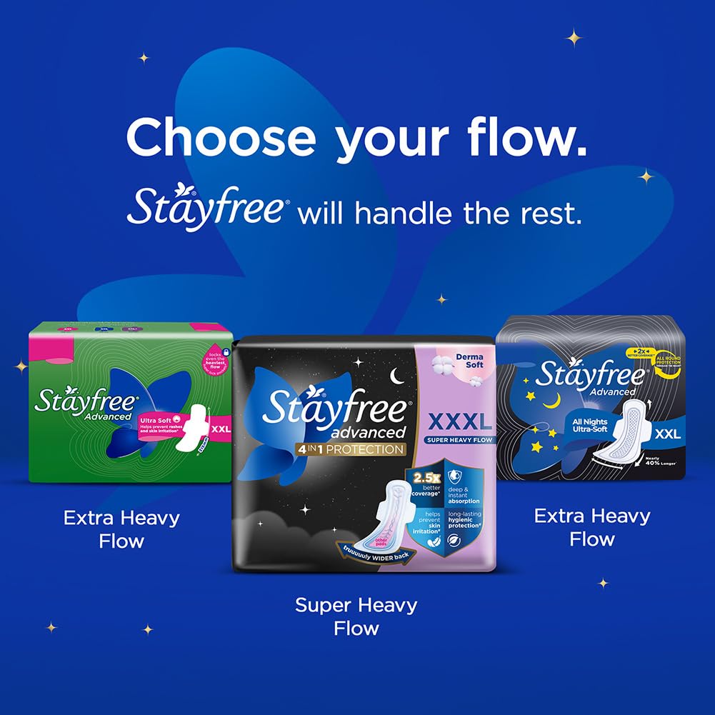 Stayfree Advanced XXXL+ Thin Sanitary Pads for Women | 8 Soft Cotton Pads for All Night Ultra Comfort | Absorbs 2x More with Wider Back | Prevent Rashes | Odour Control