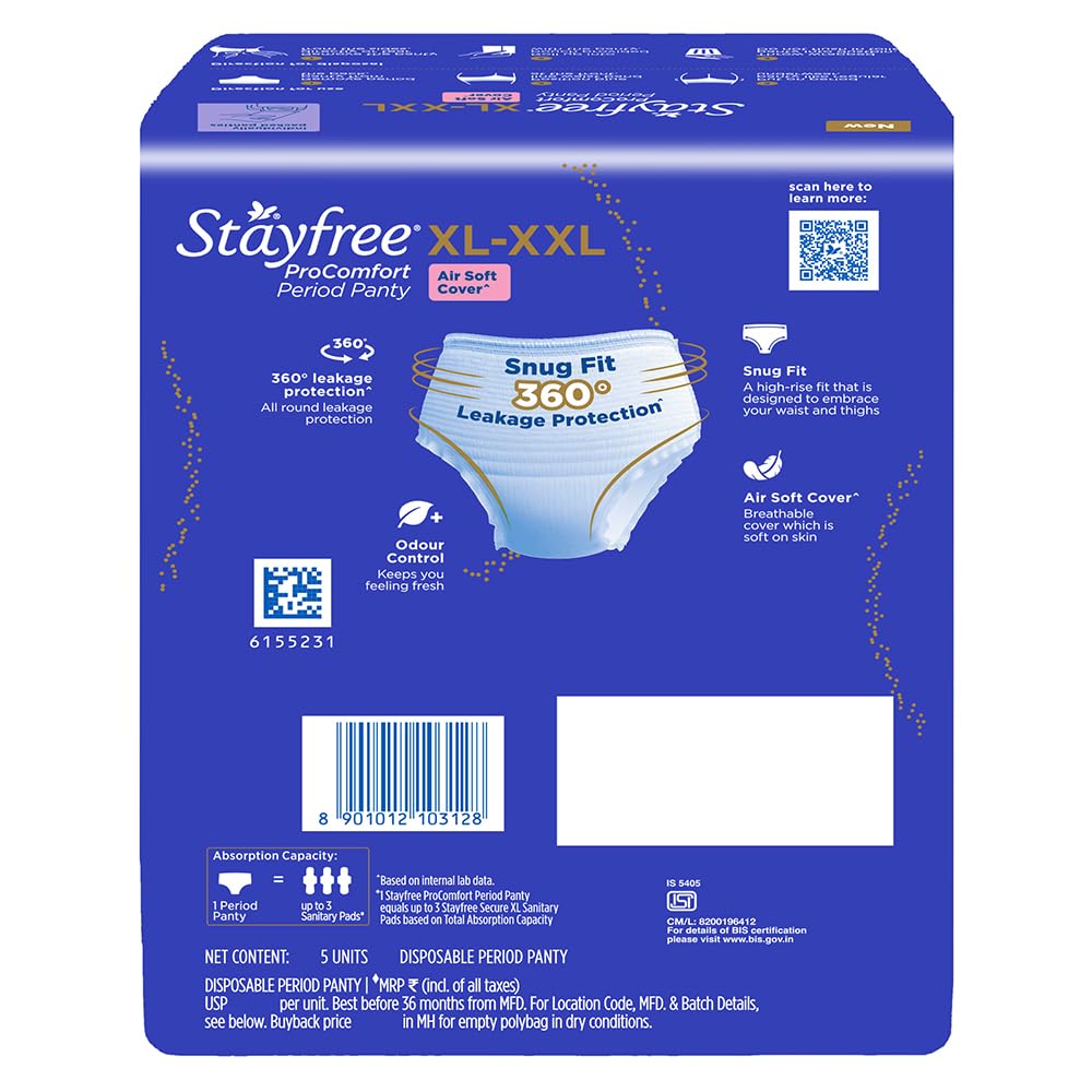 Stayfree ProComfort Period Panty for Women | Disposable Period Pants Pack of 5, XL - XXL | Air Soft Cover | 360° Leakage Protection for Heavy Flow | Snug Fit | Odour Control