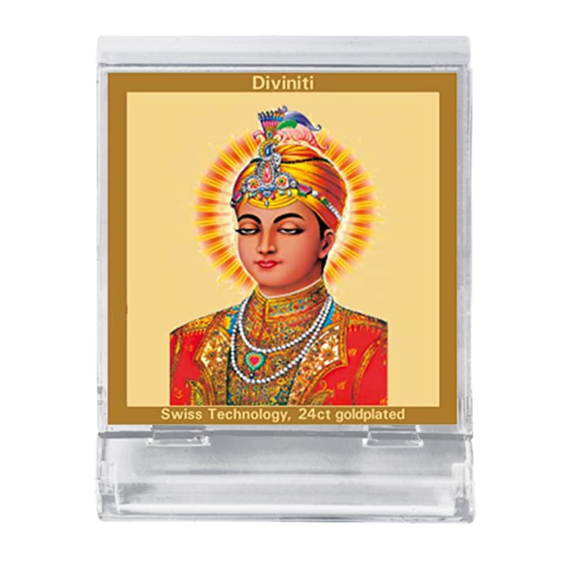 DIVINITI 24K Gold Plated Acrylic Shri Guru Harkrishan Sahib Ji Dashboard Idol | Premium Sikh Spiritual Gifting Item for Peace, Blessings & Positivity | Luxury Religious Decor for Car, Office & Home