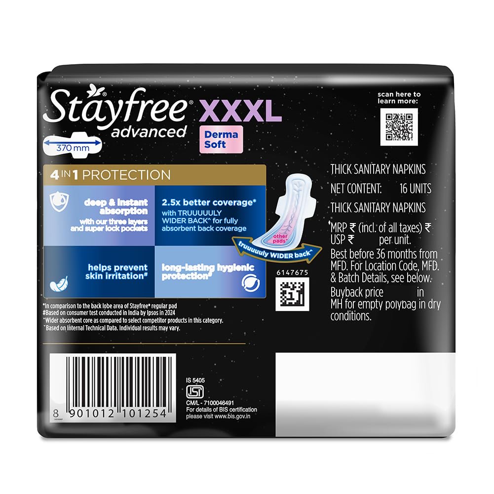 Stayfree Advanced XXXL Thin Sanitary Pads for Women | 16 Soft Cotton Pads for All Night Ultra Comfort | Absorbs 2x More with Wider Back | Prevent Rashes | Odour Control