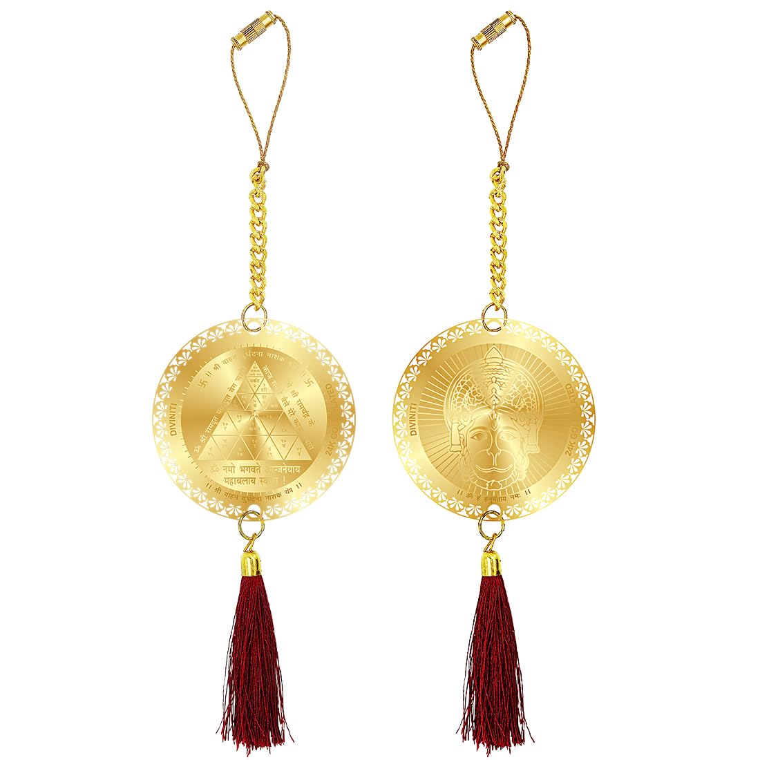 Diviniti 24K Gold Plated Lord Hanuman Ji and Yantra Sankatmochan Double Sided Car Dangler Hanging & New House Entrance Welcome Luxurious Decor for Car Divine Accessories for Positive Energy