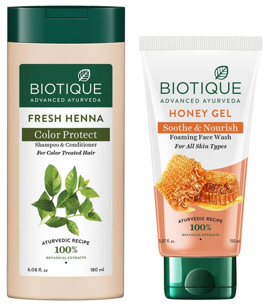 Biotique Fresh Henna Color Protect Shampoo & Conditioner, 180ml & Biotique Honey Gel Soothe & Nourish Foaming Face Wash For All Skin Types 150 Ml