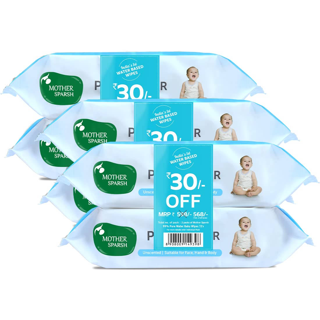 Mother Sparsh 99% Pure Water Baby Wipes, 72x6 pcs with Afterbite Turmeric Balm for Babies 25g
