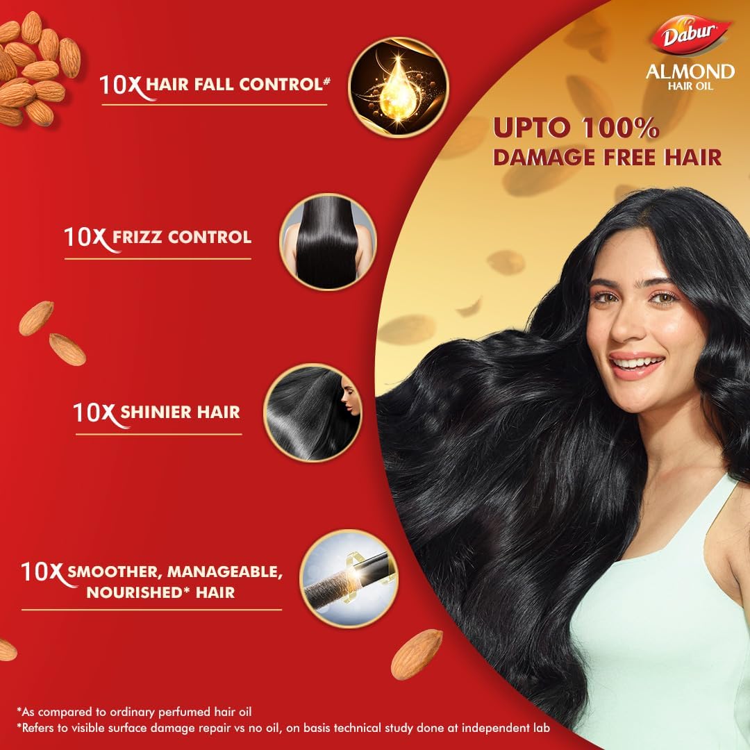 Dabur Almond Hair Oil - 500ml | Provides Damage Protection | Non Sticky Formula | For Soft & Shiny Hair | With Almonds, Keratin Protein, Soya Protein & 10X Vitamin E (Pack of 2)