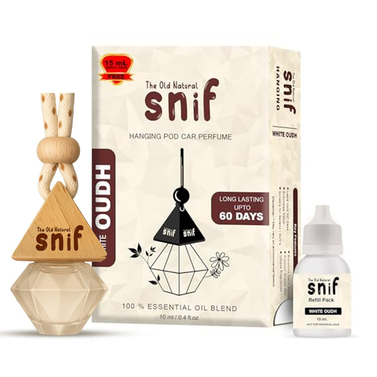 The Old Natural Snif Diamond Hanging Car Perfume|Car Air Freshener With Refill Pack (White Oudh 10 Ml + 15 Ml Refill Pack),Oil