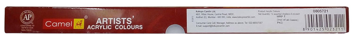 Camel Artists Acrylic Colour Tubes-12 X 9 Ml (805721),Assorted,Camel