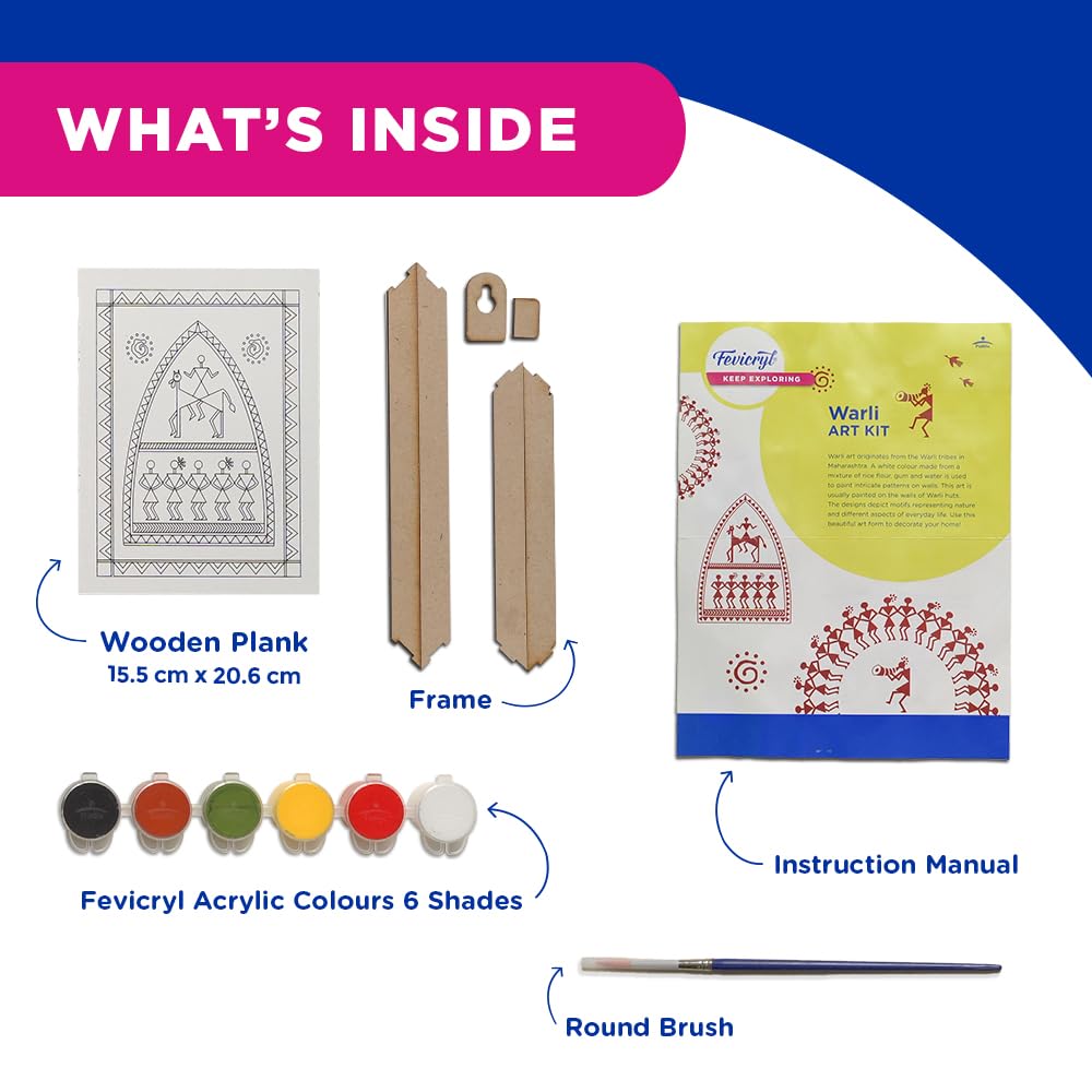Fevicryl Warli Mini Art Kit | All-Inclusive DIY Kit of Wooden Plank with Hook, Acrylic Colours, Brush | for Artists, Students, Hobbyists & Gifting | Ideal for Age 14 +