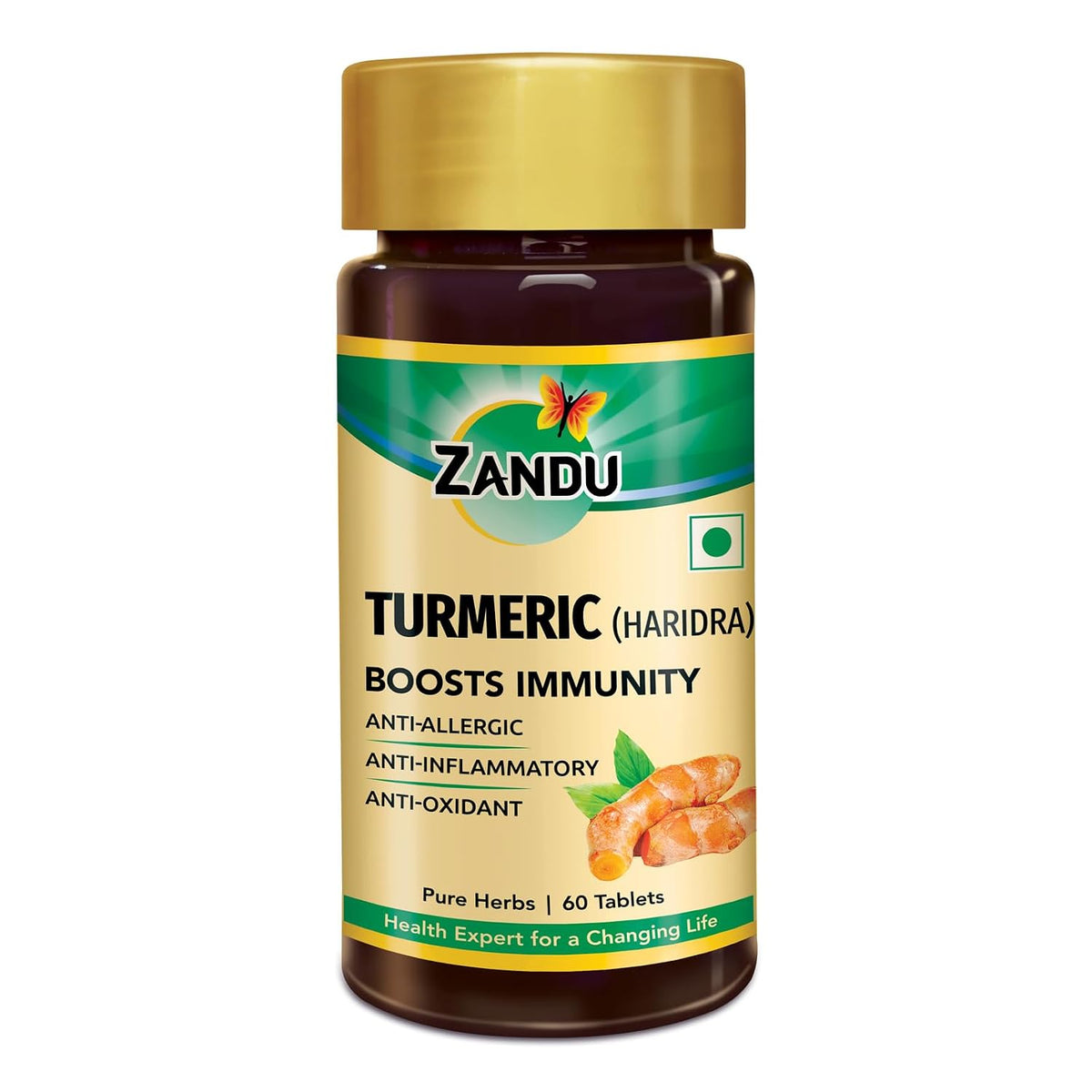 Zandu Turmeric Tablets with 100% Pure Turmeric Extract for Enhanced Immunity | Anti-allergic, Anti Inflammatory & Anti-Oxidant | Natural Cough & Cold Relief Formula (60 Tabs)