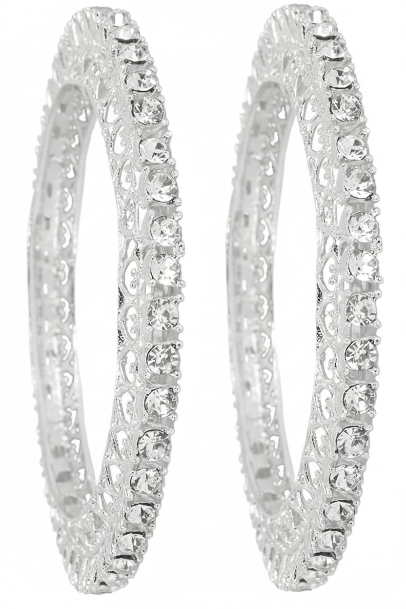 NMII Designer Metal Zircon Diamond Stone Bangles Kada Set For Girls & Women | Latest Women's Bangles | Trendy Kada For Women | Metal Bangles | Bangles For Wedding, Party, Festive- Set of 2