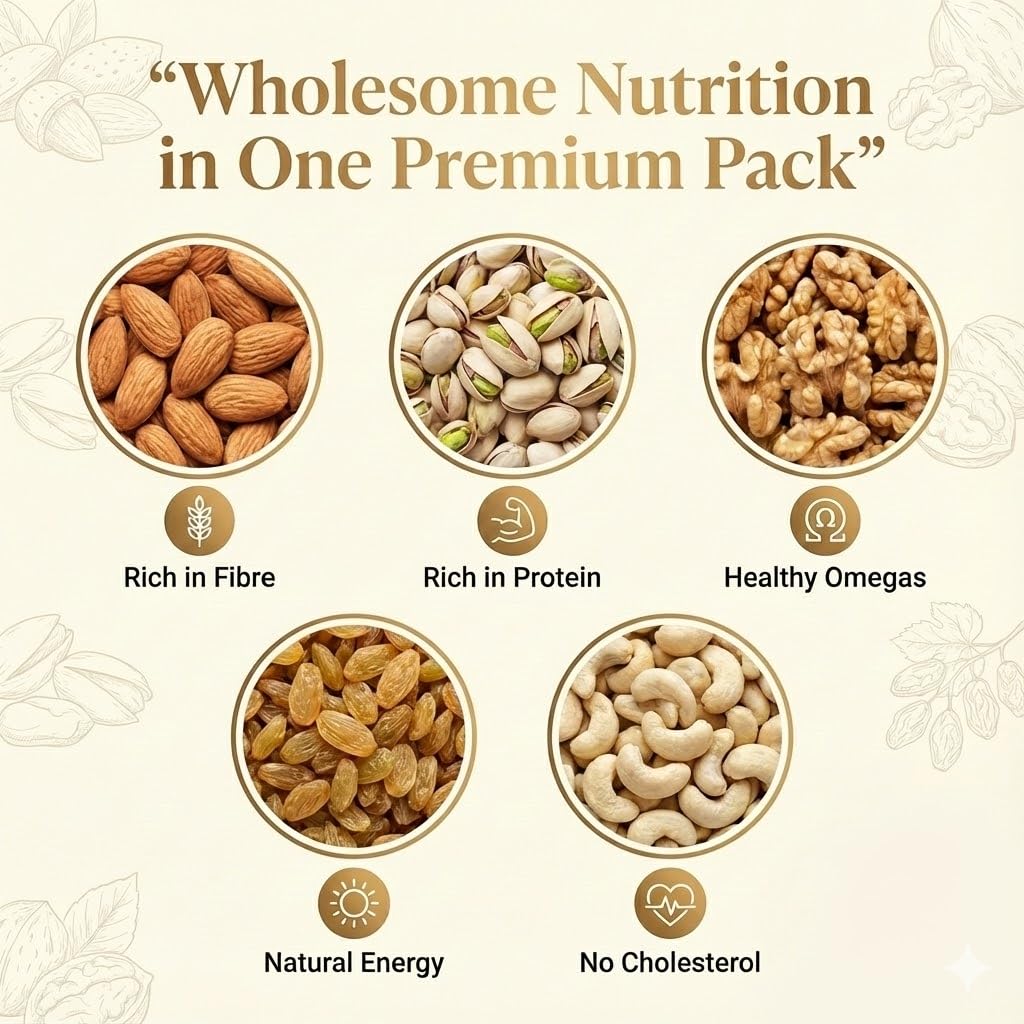 NatureVit Premium Mixed Dry Fruits Combo Saver Pack of 1.2 Kg | Almonds, Cashews, Pistachios, Raisins (250g Each) + Walnut Kernels (200g) | Healthy Snack Gift Box