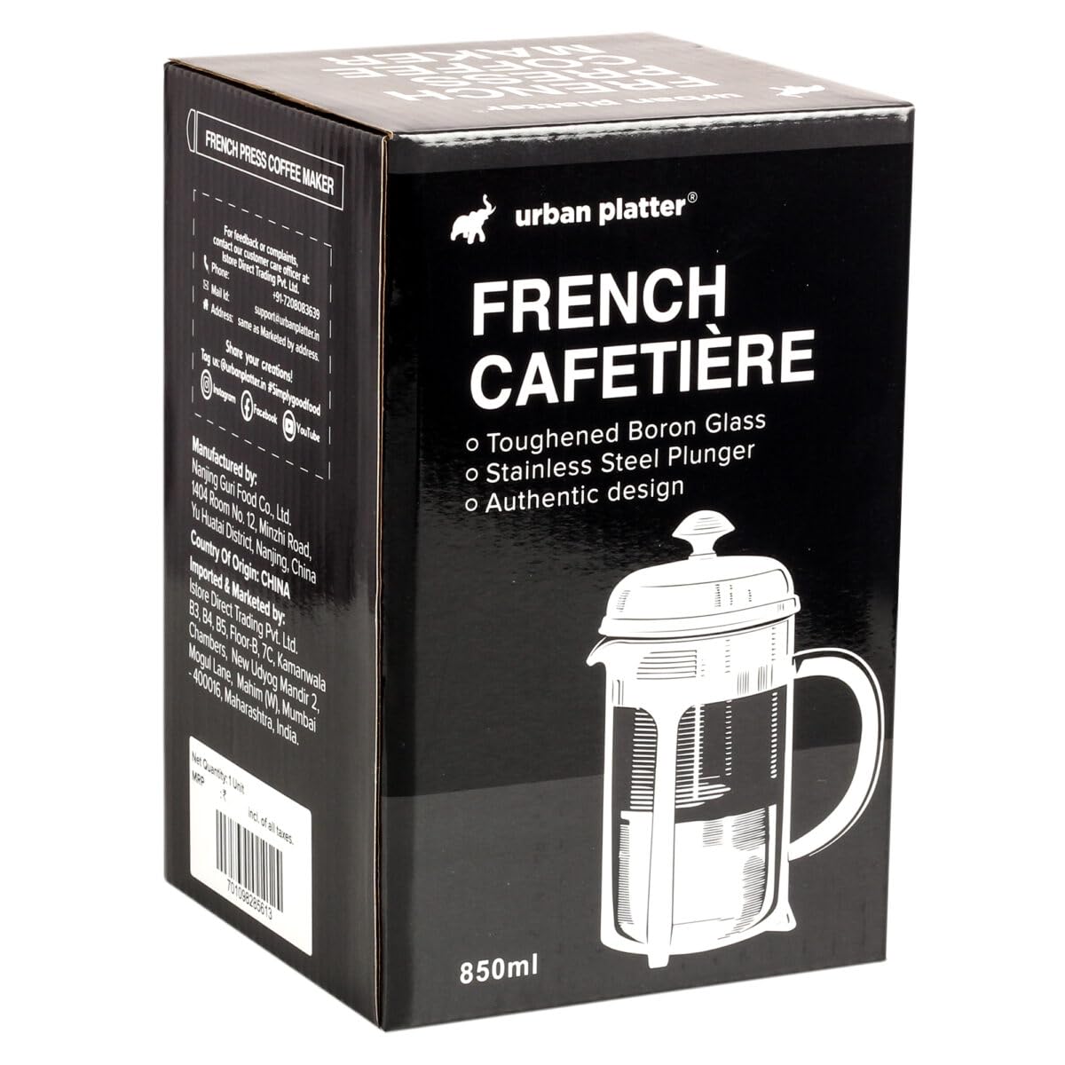 Urban Platter French Press Coffee Maker Pot, 850ml [Toughened Boron Glass, Stainless Steel Plunger]
