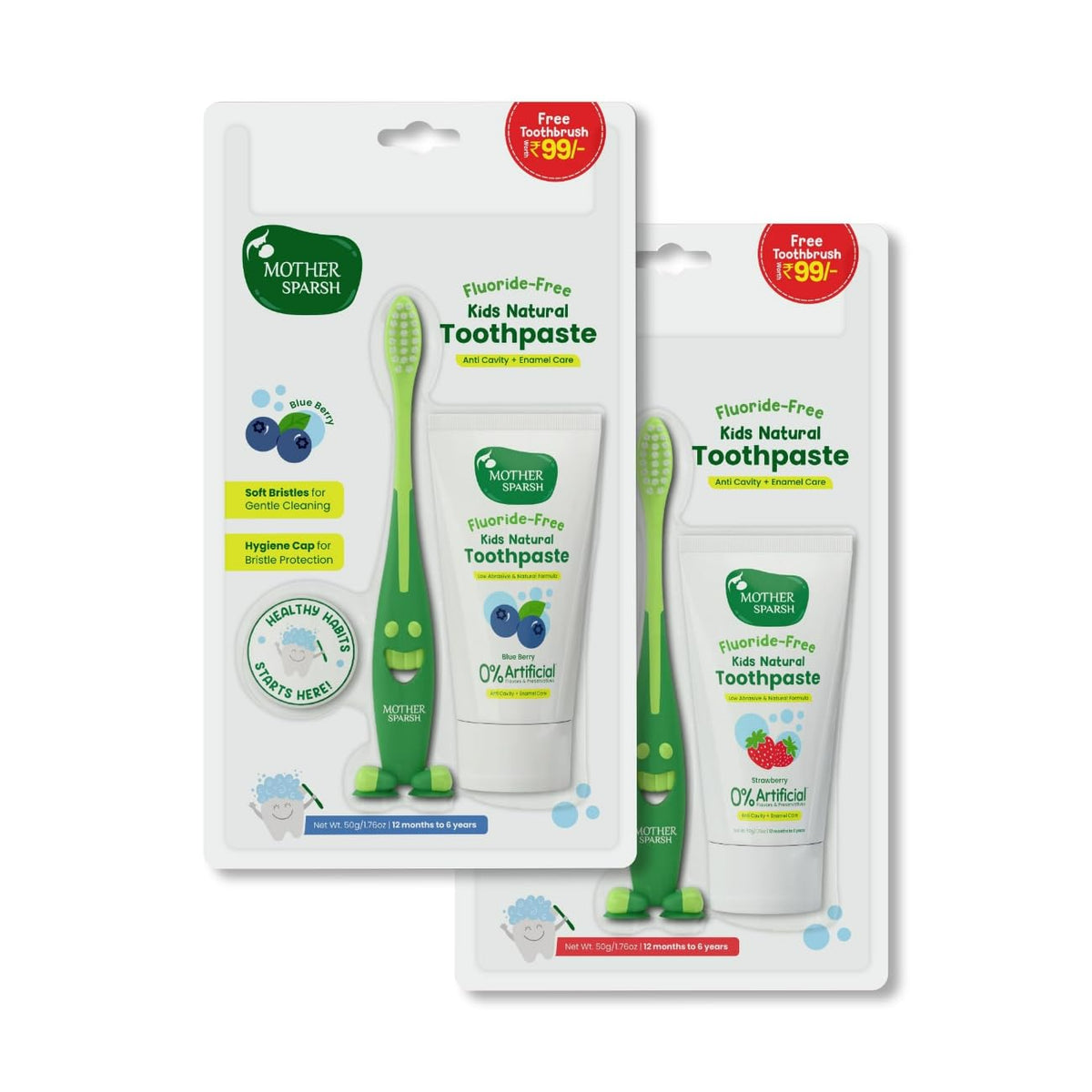 Mother Sparsh Natural Toothpaste for Kids Strawberry+Blueberry (Pack of 2, 50g each) , Strengthens Gums, Whitens Teeth | Baby Toothpaste Free from Preservatives & Fluoride
