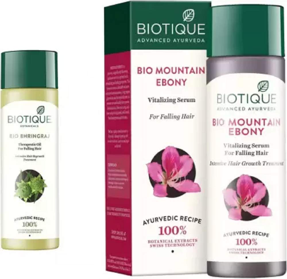 BIOTIQUE BHRINGRAJ THERAPEUTIC OIL INTENSIVE HAIR REGROWTH TREATMENT, MOUNTAIN EBONY FRESH GROWTH STIMULATING SERUM INTENSIVE HAIR GROWTH TREATMENT (2 Items in the set)
