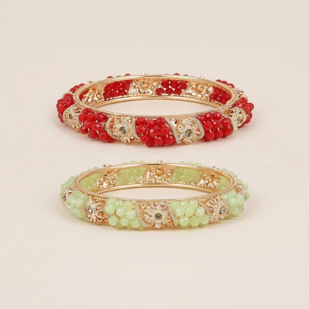 NMII Non-Precious Metal With Base Metal And Zircon Gemstone Or Colourful Beads Studded On Flower Glossy Finished Kada Set For women and Girls