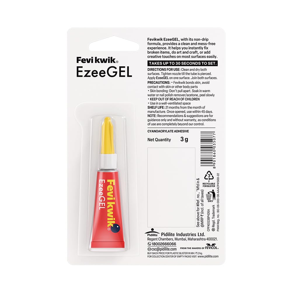 Pidilite Fevikwik Gel One Drop Instant Adhesive | Multipurpose Gel | Easy to Use | Ideal for Art & Craft | Can be used on variety of surfaces | Create, Make, Decorate | 3g