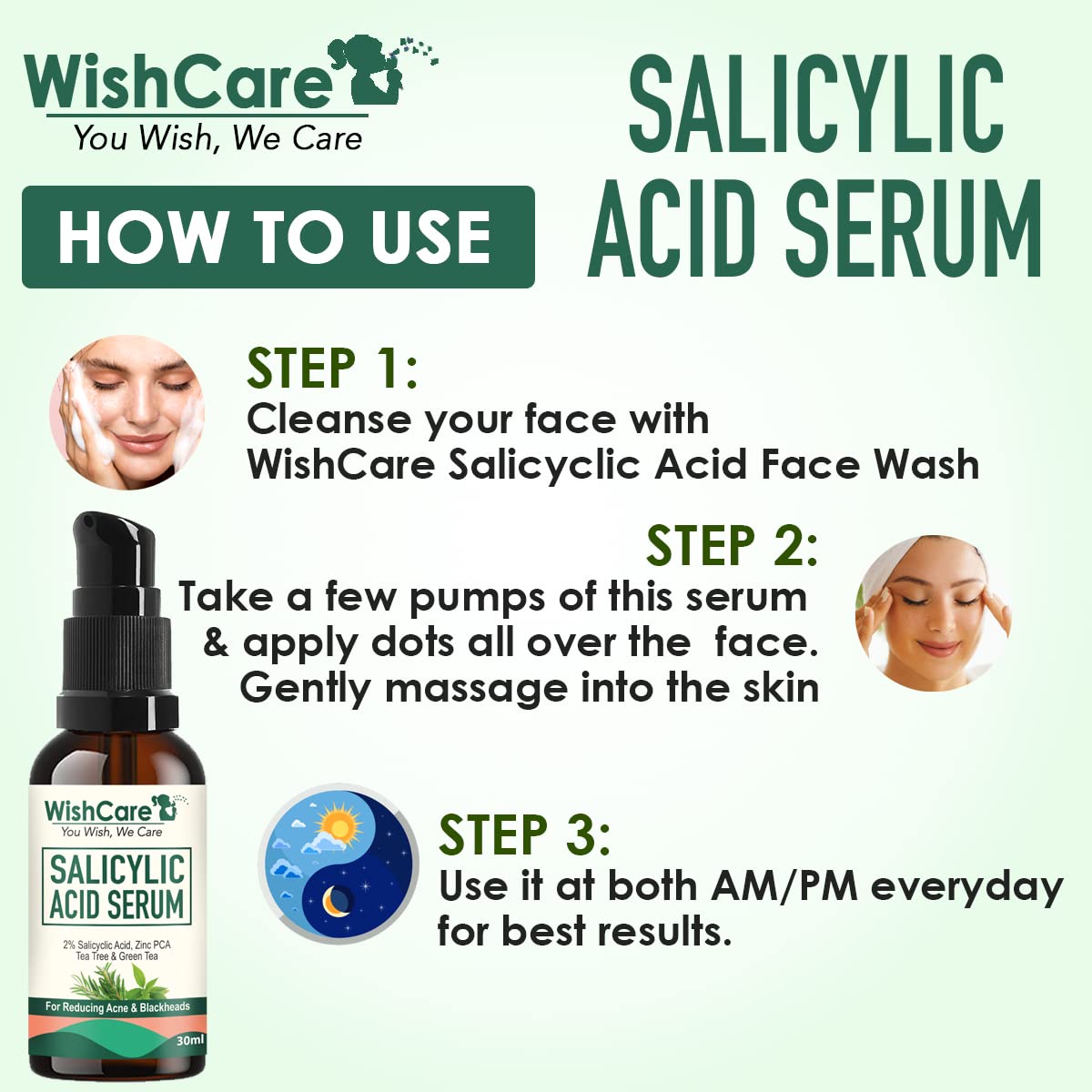 WishCare 2% Salicylic Acid Serum for Active Acne/Acne Marks & Blackheads with Zinc PCA, Tea Tree & Green Tea - 30 ml, Clear, (WSAS30)