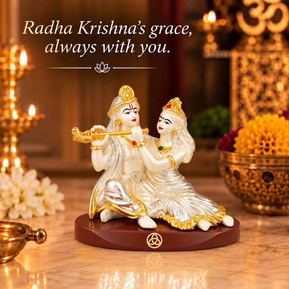 DIVINITI Premium Radha Krishna Idol with Silver-Tone Finish & Gold Accents | Decorative Radha Krishna Showpiece with Base & Premium Gift Box | Home, Office, Mandir & Gifting | 6 x 9 cm