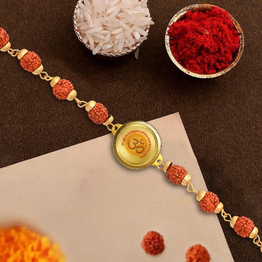 Diviniti Om with Gayatri Mantra Rudraksha Rakhi with 24K Gold Plated Foil Divine Raksha Bandhan Gift