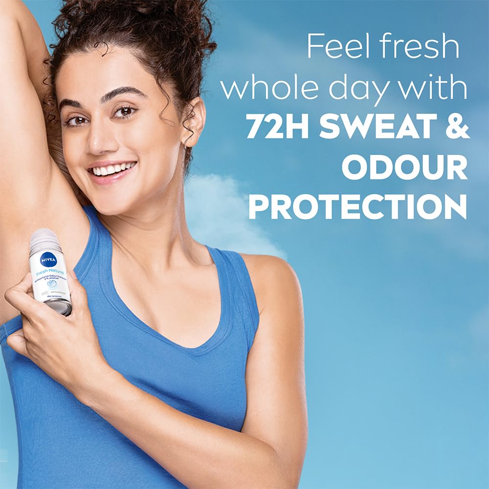 NIVEA Fresh Natural Roll On Deodorant | 72H Long Lasting Freshness | Fights Bacteria and Bad Odour | Mild Soothing Fragrance | With Ocean Extracts | 0% Alcohol | Dermatologically Approved & Paraben Free Formula | 50ml