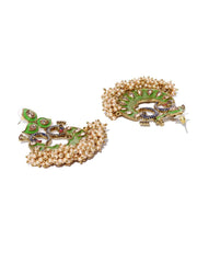 Priyaasi Gold-Plated Stones Studded Peacock Inspired, Meenakari Chandbali Earrings in Green Color with Pearls Drop